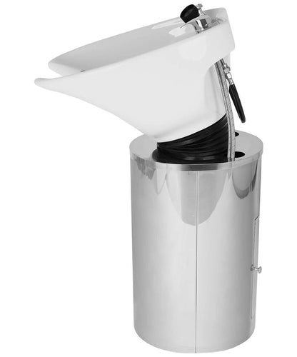 Buy-Rite Paris Pedestal Shampoo Unit with stainless steel base, white tilting porcelain bowl, faucet, spray hose, drain, and vacuum breaker – durable professional salon equipment.