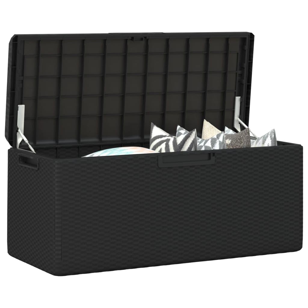 92.5 Gal Patio Storage Box with Seat Cushion, Rattan Look PP Outdoor Storage Chest for Cushions Pillows Blankets, Gas-Lift Design, Lockable, Anthracite