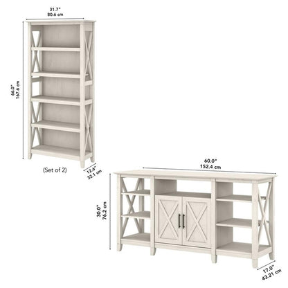Bush Furniture Key West Tall TV Stand with Set of 2 Bookcases, Farmhouse Entertainment Center for 65 Inch Television, 17D x 60W x 66H, Linen White Oak