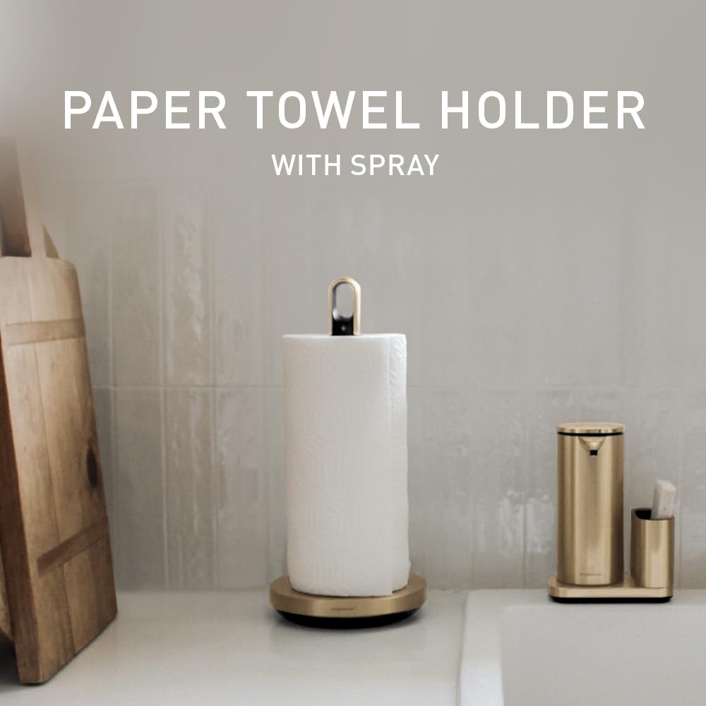 simplehuman Standing Paper Towel Holder with Spray Pump, Brass Stainless Steel, Gold