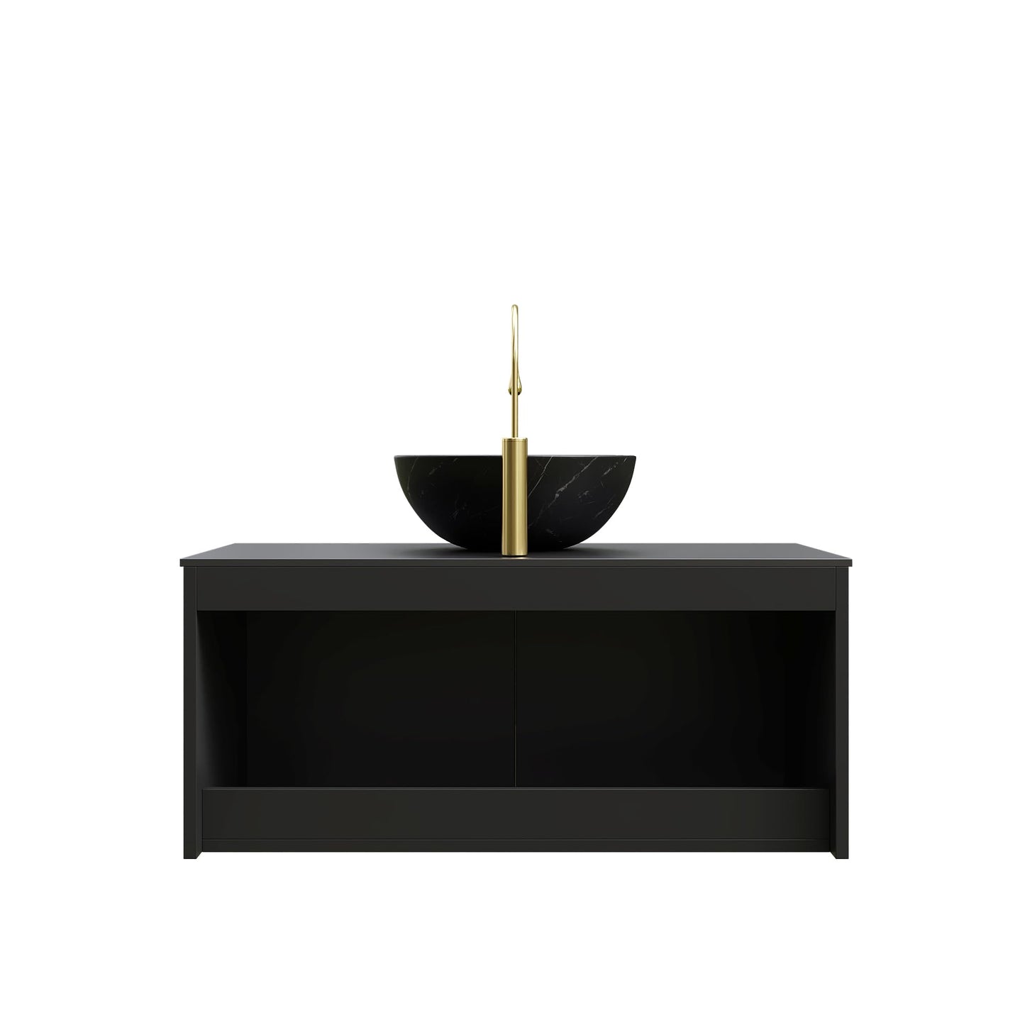 36" Floating Bathroom Vanity with Vessel Sink, RUBEN Wall Mounted Plywood Cabinet, Sintered Stone Countertop, Twill Double Doors with Metal Trim, Modern Storage Unit, Bowl Black Stone Ceramic Basin