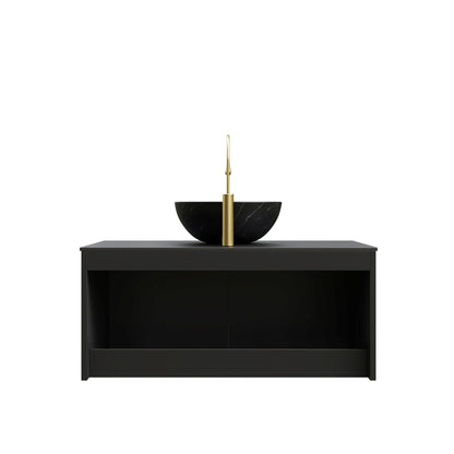 36" Floating Bathroom Vanity with Vessel Sink, RUBEN Wall Mounted Plywood Cabinet, Sintered Stone Countertop, Twill Double Doors with Metal Trim, Modern Storage Unit, Bowl Black Stone Ceramic Basin
