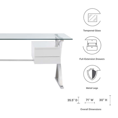 Modway EEI-6226-WHI Sector 71" Glass Top Glass Office Desk, White