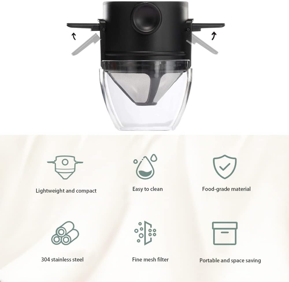 Reusable Paperless Coffee Filter Cone, Coffee Dripper with Foldable Holders for Home, Travel, and Camping, Black