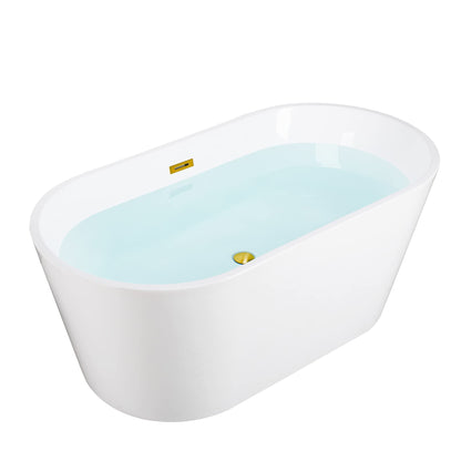 WOODBRIDGE 59" Acrylic Freestanding Bathtub Contemporary Soaking White Tub with Brushed Gold Overflow and Drain，B0014-BG