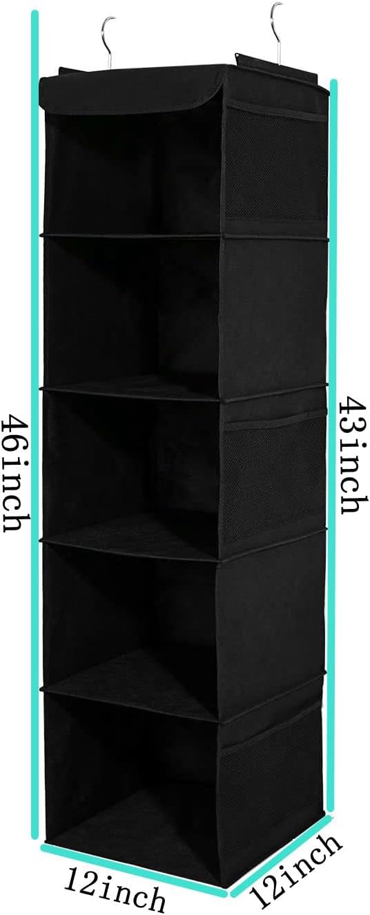 BrilliantJo 2 Pack Closet 5 6 43"x12"x12"(Black) Hanging Organizer, Shelves Hanging Storage with Side Pockets