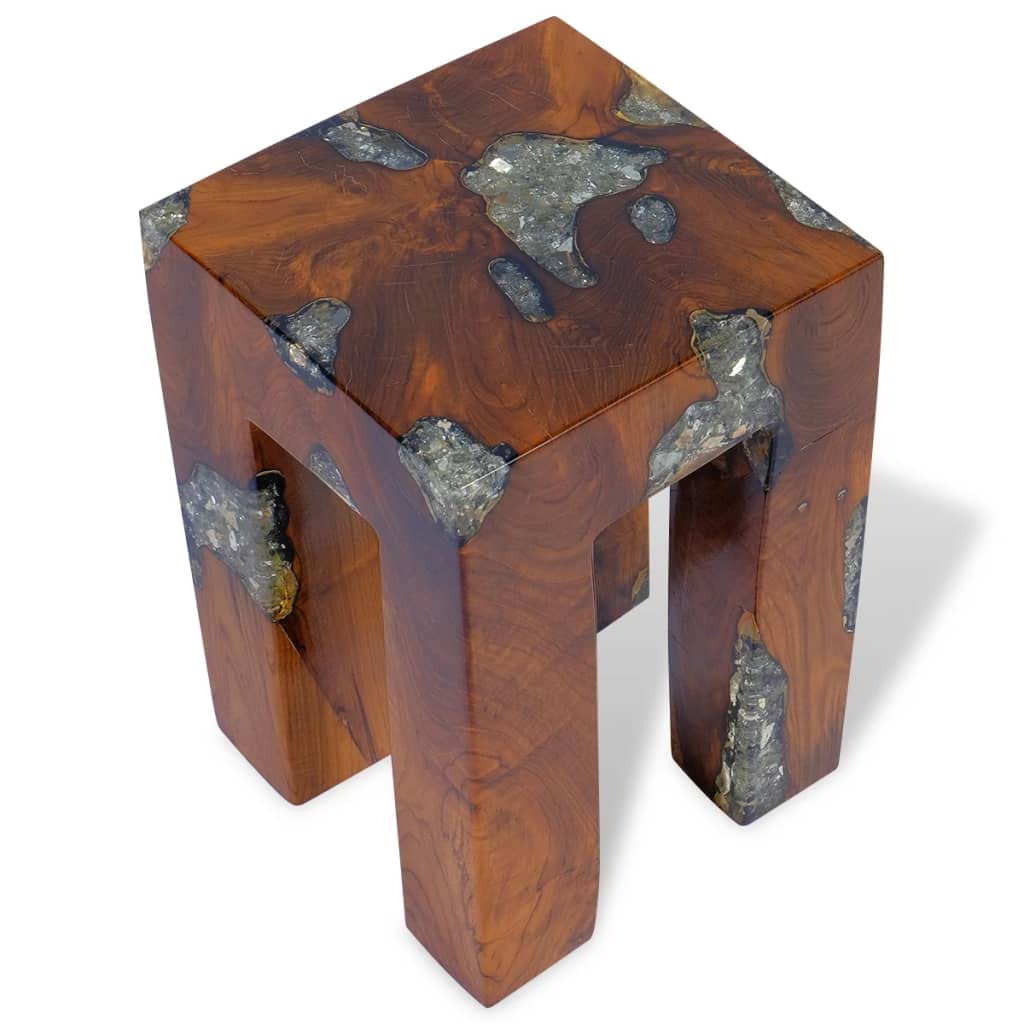 GOLINPEILO Unique Stool Solid Teak Wood and Resin 11.8" x 11.8" x 15.7", Fully Handmade Wooden Bench Solid Wood Dining Bench Rustic Home Décor Furniture, Rustic Wooden Entryway Bench(Style A)