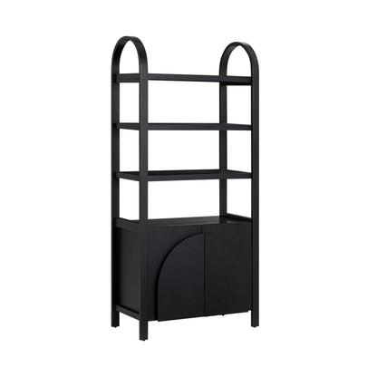 Nathan James Iris 3 Tier Bookshelf, Arched Bookcase Cabinet, Solid Wood Bookcase with Cabinet Base, Boho Bookshelf in Midnight Charcoal Finish, Set of 3