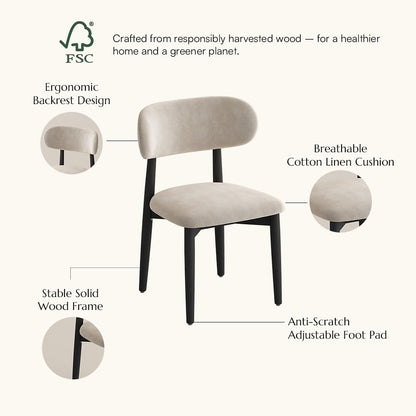 POVISON Modern Dining Chairs Set of 2, Armless Black Dining Chair with Sackcloth Cushions and Dark Walnut-Coloured Ash Wood, Pre-Assembled Design