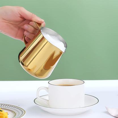 Milk Frothing Pitcher 12oz - 350ml, Kyraton Stainless Steel Espresso Steaming Pitchers with Decorating Pen,Milk Coffee Frother Cups Cappuccino Latte Art Barista Steam Pitchers Milk Jug Cup (Gold)