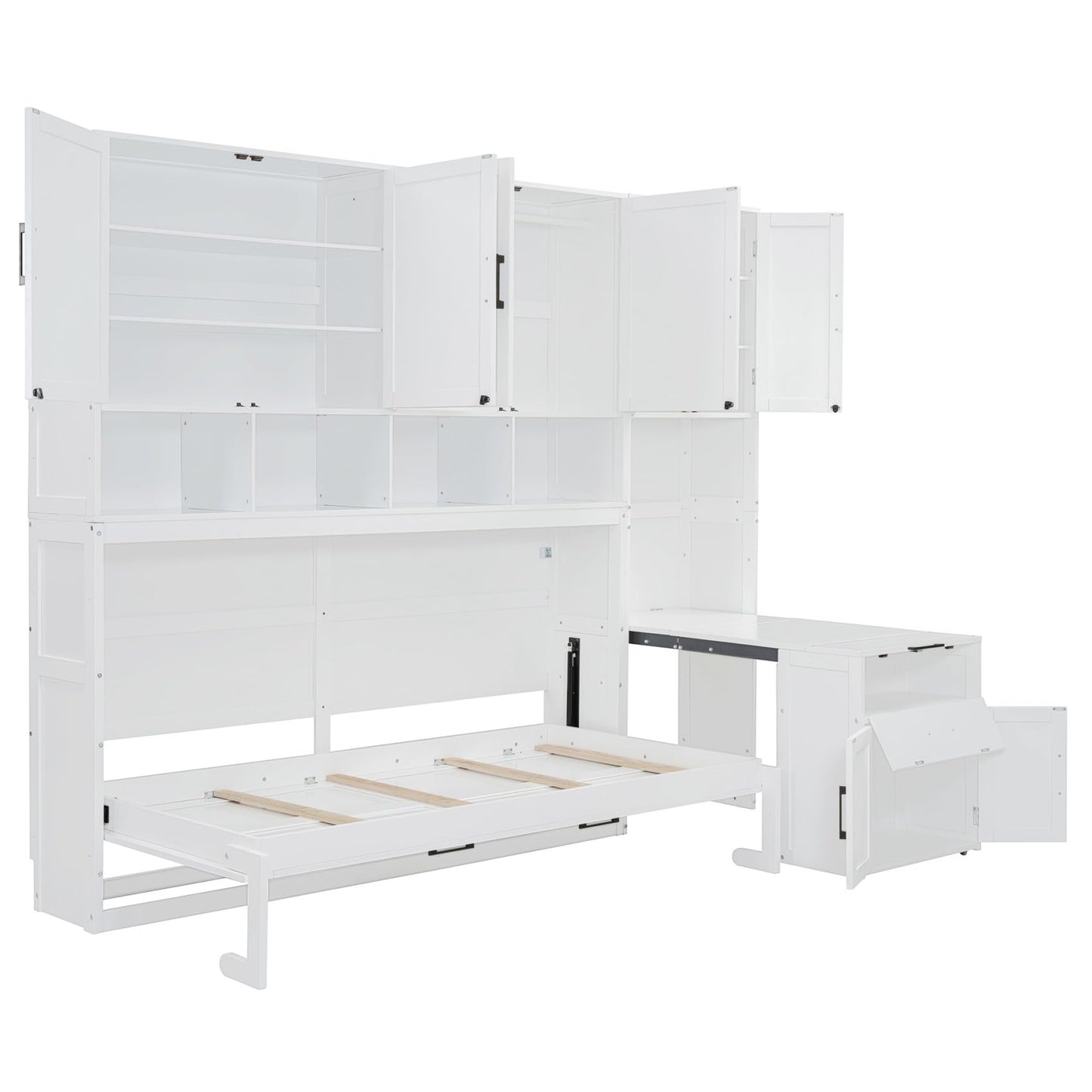 Merax 90.4"H Twin Size Murphy Bed Cabinet With Built-in Desk, Storage Closet, Drawers & Shelves, Wood Foldable Hidden Wall Platform Bedframe For Home, Bedroom, Small Room, Apartment, Reversible, White
