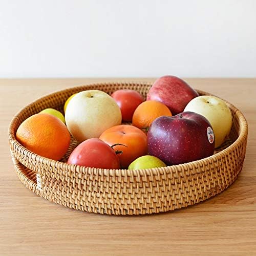 14 inch 2.4 inch) Coffee Table Tray Round Rattan Ottoman Tray Woven Serving Trays with Handles for Home and Kitchen