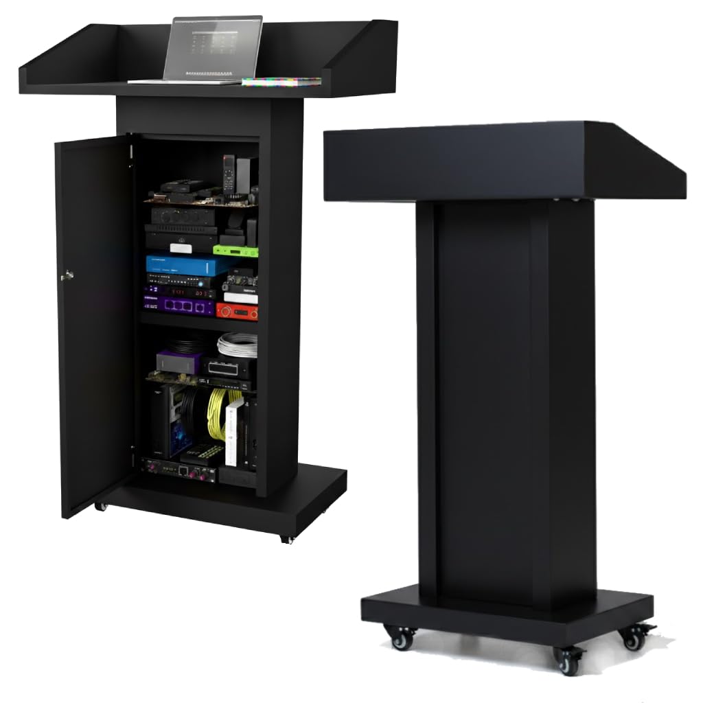 Heavy-Duty Black Metal Podium Stand with Lockable Wheels | Mobile Lectern with Storage Cabinet & Standard 44.56" Height | for Conference Rooms, Churches, Classrooms & Events (Style 3)