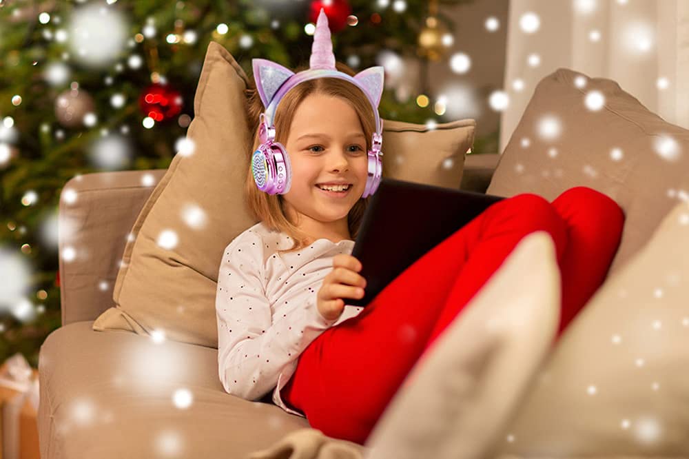 KORABA Kids Wireless Headphones for Girls Children Teens, LED Light Up Bluetooth Unicorn Headphones with Microphone for School/Xmas/Online Study/Unicorn Gifts (Pink Wireless)