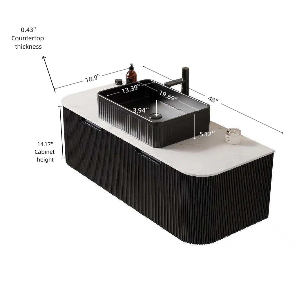 GDFStudio 48" Floating Bathroom Vanity with Sink, DINA Wall Mounted Curved Cabinet, Carrara White Sintered Stone Top, Double Drawer Storage, 3D Striped Finish, Modern Black Rectangular Ceramic Basin