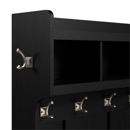 BOWERY HILL 24" Engineered Wood Hall Tree & Shoe Bench, Black Oak Finish, 69" Entryway Organizer w/Drawer, Coat Hooks, Open Cubbies, Transitional Style Storage Seat for Foyer or Mudroom Use