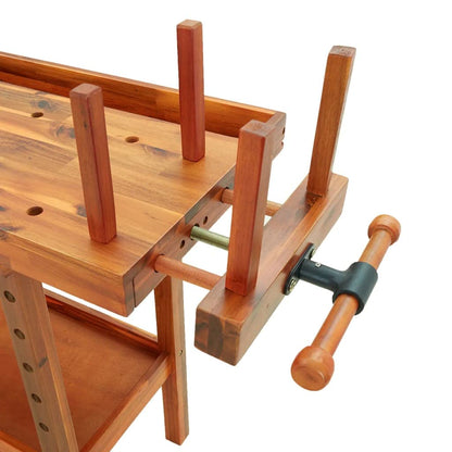 Sturdy Garage Workbench with 4 Drawers and Vices, Solid Acacia Wood Workbench 48.8x20.5x32.7 Inch for Workshop and Shed