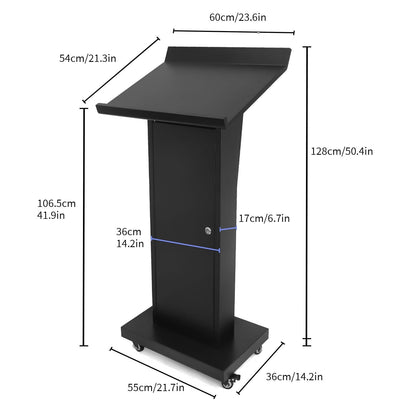 BERPET Podium Stand with 4 Locking Wheels, Lecterns & Podiums for Church School Office Conference Home, Heavy Duty Metal, Large Storage Area, Slant Desktop, 50.4" H