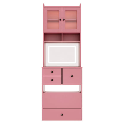 Garvee 3 in 1 Vanity Desk with LED Light, Tall Makeup Vanity Set with 2 AC Outlets & USB-c, Dressing Table with Drawers & Acrylic Doors, Nightstand Vanity Mirror, Jewelry Box, Cushioned Chair, Pink