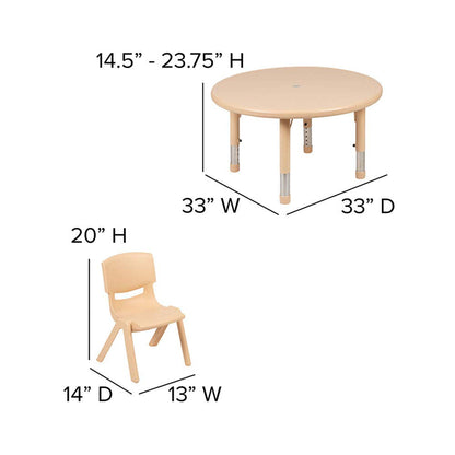 Flash Furniture 33" Round Natural Plastic Height Adjustable Activity Table Set with 2 Chairs