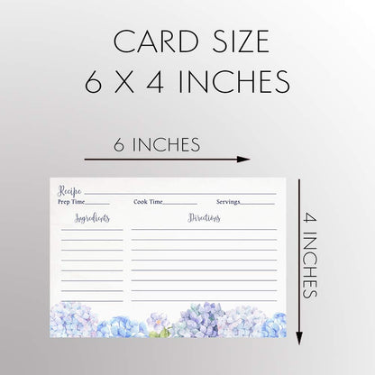 Recipe Cards 4x6 Double Sided Flowers Blue Wildflower Hydrangeas, Wedding Keepsake Gift (50 Count)