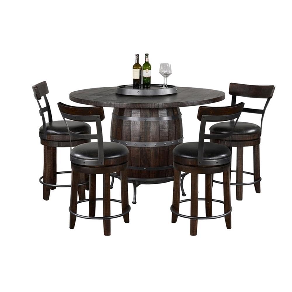 Pemberly Row Round Pub Table Set, Wine Barrel Design with Lazy Susan Storage, Mahogany and Metal Finish, 5-Piece Dining Set, Rustic Counter-Height for Kitchen or Dining Room