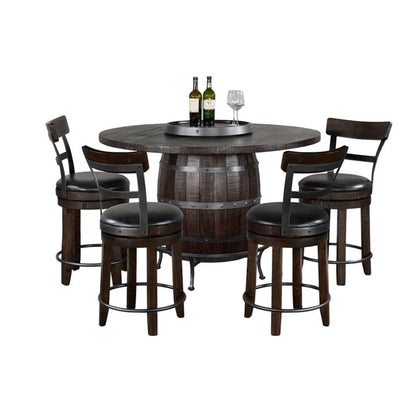 Pemberly Row Round Pub Table Set, Wine Barrel Design with Lazy Susan Storage, Mahogany and Metal Finish, 5-Piece Dining Set, Rustic Counter-Height for Kitchen or Dining Room