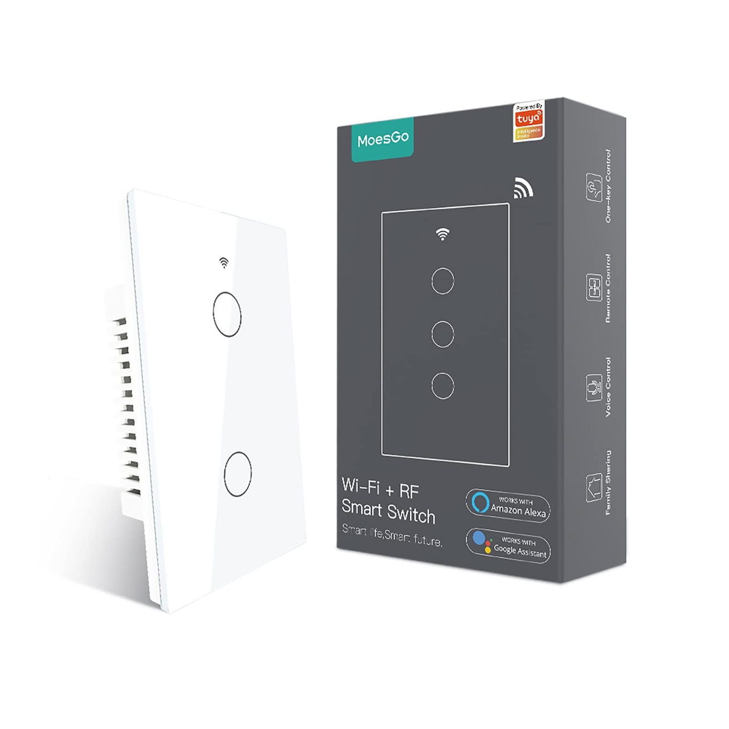 MoesGo WiFi Smart Wall Light Switch,Glass Panel, Multi-Control(3 Way), 2.4GHz Wi-Fi Touch Switches, Neutral Wire Required, Remote Control Smart Life/Tuya App, Work with Alexa, Google Home White 1 Gang