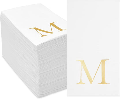 4 8 3-Ply, 100 Count Sparkle and Bash M Napkins Paper Guest Towels - x in, White & Gold, - Letter M Initial Napkins