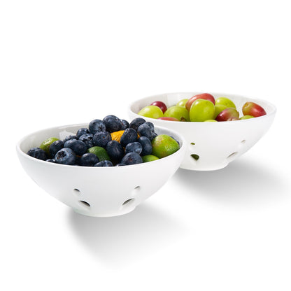 Magclay Ceramic Berry Basket, Round Fruit Bowl with Draining Hole, 5.8" Berry Colander for Kitchen Counter, Fruit Baskets Set of 2, White