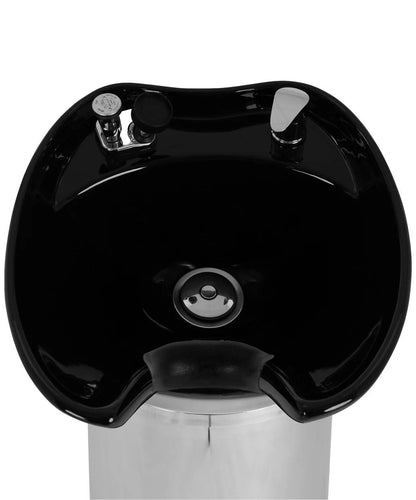 Buy-Rite Paris Pedestal Shampoo Unit – Professional Salon Shampoo Station with Tilting Porcelain Bowl, Silver Base with Black Bowl – Includes Faucet, Spray Hose, Drain & Vacuum Breaker