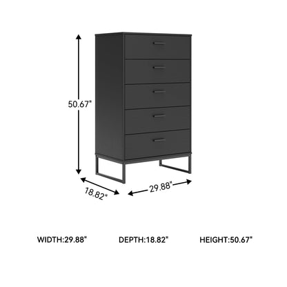 Signature Design by Ashley Socalle Casual Contemporary Chest of Drawers with Dark Pewter Hardware and Metal Legs, 5 Drawers, Wood, 50.67" High, Matte Black