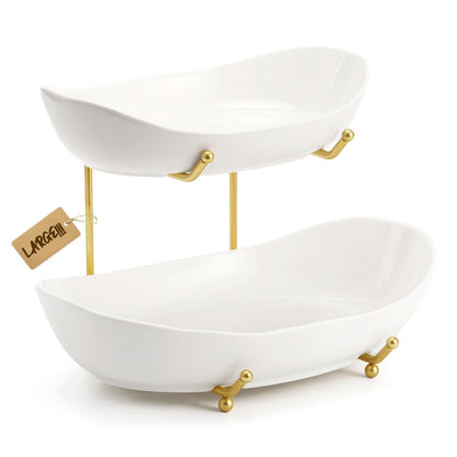 Large Size 2 Tier Ceramic Fruit Bowl,（13.4 and 11 inch Plate）More Storage Space, Golden Metal Stand for Kitchen Counter,Porcelain Fruit Basket for Countertop, Snack, Nuts, Cake, Dessert - White