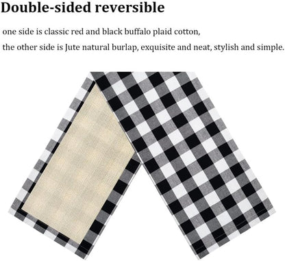 Senneny Christmas Large Table Runner 14 x 108 Inch, Burlap & Cotton Black White Plaid Reversible Buffalo Check for Decor