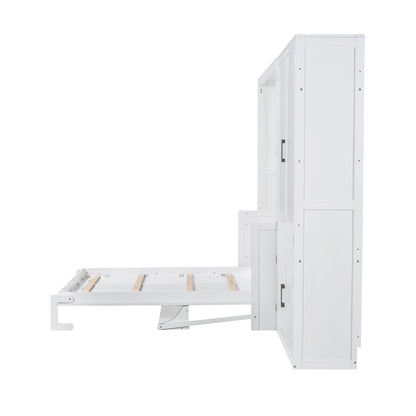 Ball & Cast Queen Size Murphy Bed Wall Bed with Built-in Wardrobe Storage and Hydraulic Lift System,Wood Hideaway Cabinet Platform Bedframe w/Slat Support,can be Folded,for Small Room,Dorms,White