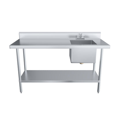 60 Inch Stainless Steel Work Table with Sink, 24 in. x 60 in. Commercial Prep Table with Right Side Sink, Faucet & Undershelf, Heavy Duty Kitchen Utility Workstation, NSF