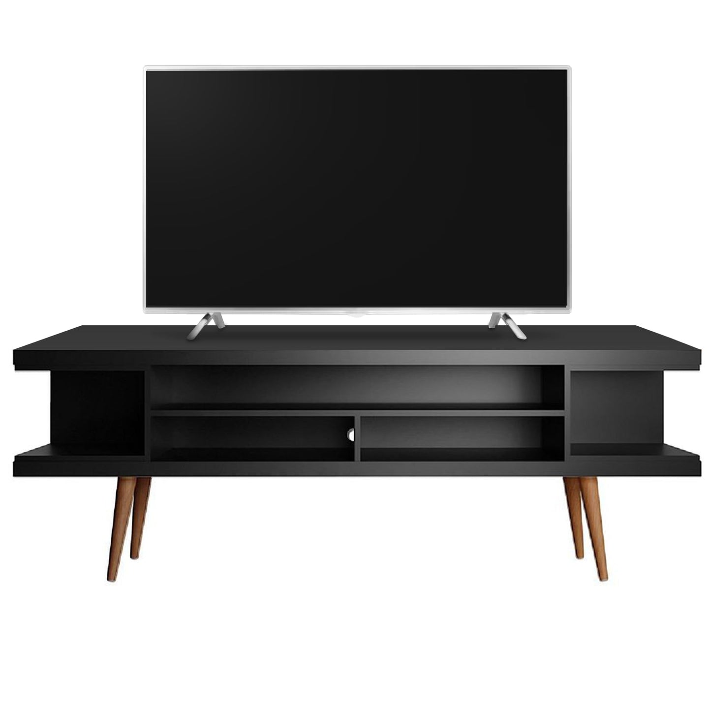 Manhattan Comfort Utopia 70.47" Freestanding Entertainment Center for Living Room, Mid Century Modern TV Stand with Shelves, Storage and Media Holes, Fits 65" Screens, Black