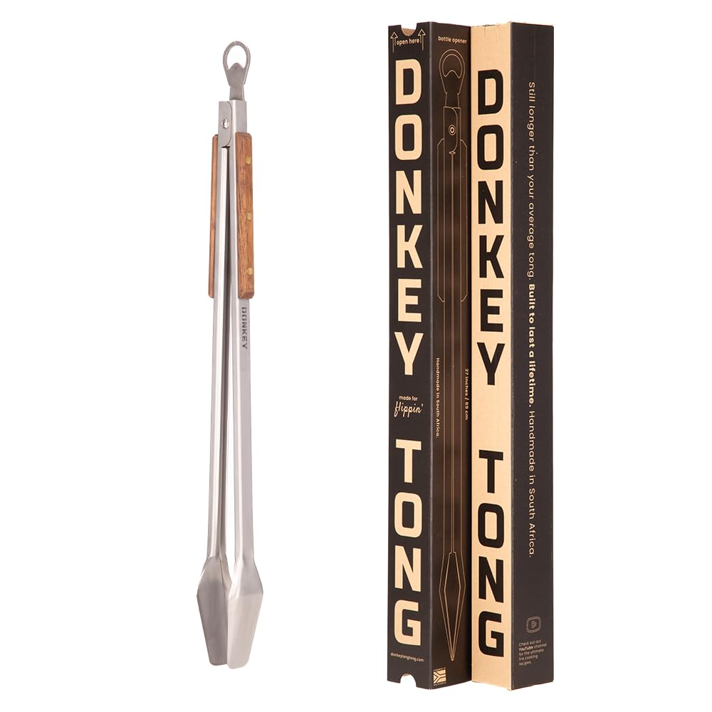 27" Heavy Duty BBQ Tongs - Extra Long Grilling tool for Outdoor Cooking, Smoking & Grilling | Handmade South African Rust Resistant Stainless Steel Meat Tongs with Wood Handles | Donkey Tong