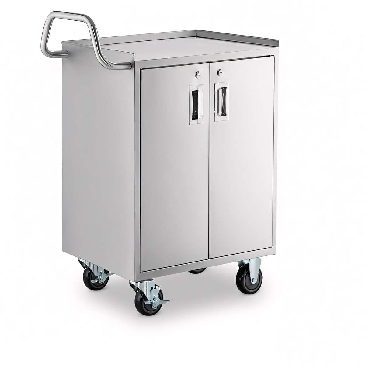 16" x 24" Stainless Steel Utility Cart with Enclosed Base and Locking Doors - 3 Shelf Heavy-Duty 18-Gauge 304 Steel Rolling Cabinet - NSF Commercial Service Cart for Kitchen, Catering, Restaurant