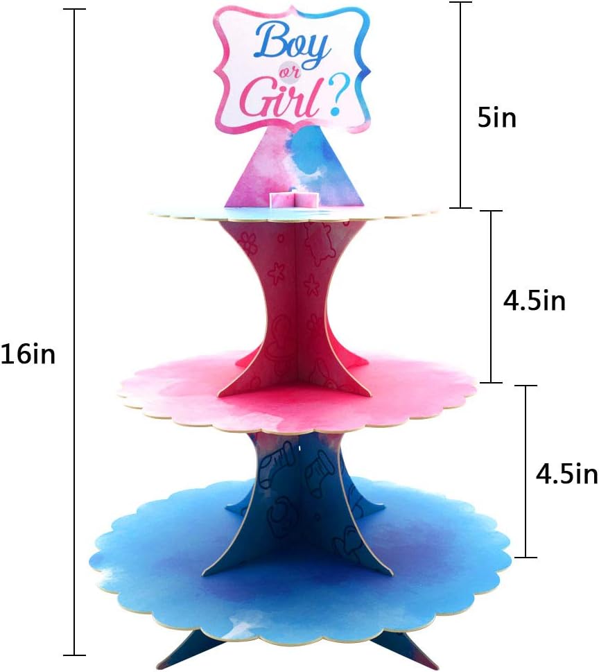 Gender Reveal Cupcake Stand, 3 Tier Cardboard Cake Stand for Blue and Pink Party Decorations
