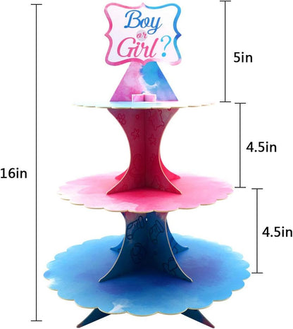 Gender Reveal Cupcake Stand, 3 Tier Cardboard Cake Stand for Blue and Pink Party Decorations