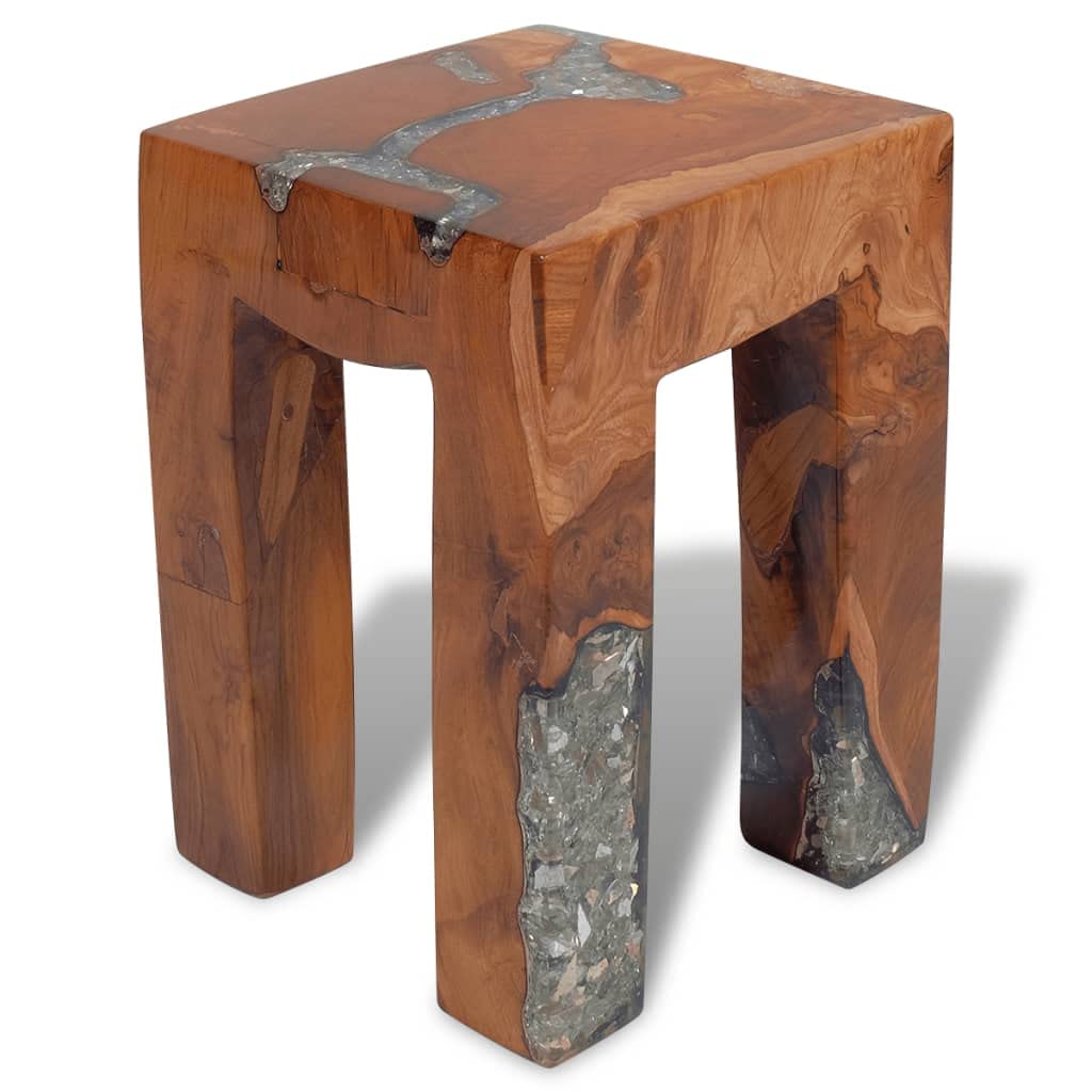 GOLINPEILO Unique Stool Solid Teak Wood and Resin 11.8" x 11.8" x 15.7", Fully Handmade Wooden Bench Solid Wood Dining Bench Rustic Home Décor Furniture, Rustic Wooden Entryway Bench(Style A)