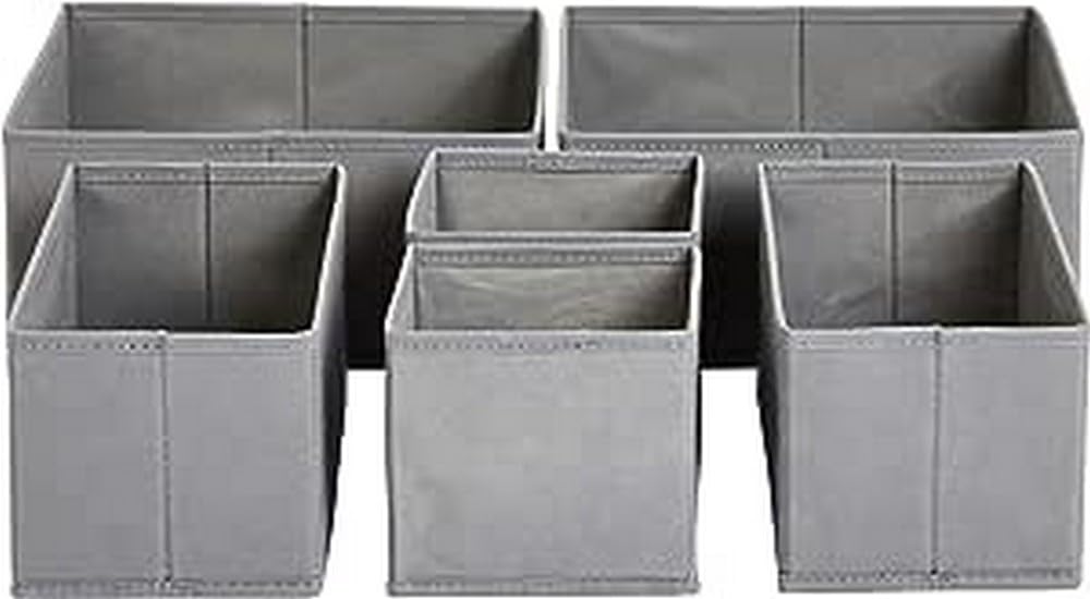 Amazon Basics Collapsible Cloth Drawer Organizer Boxes for Socks, Underwear and Baby Clothes, Storage Bins, Gray, Set of 6