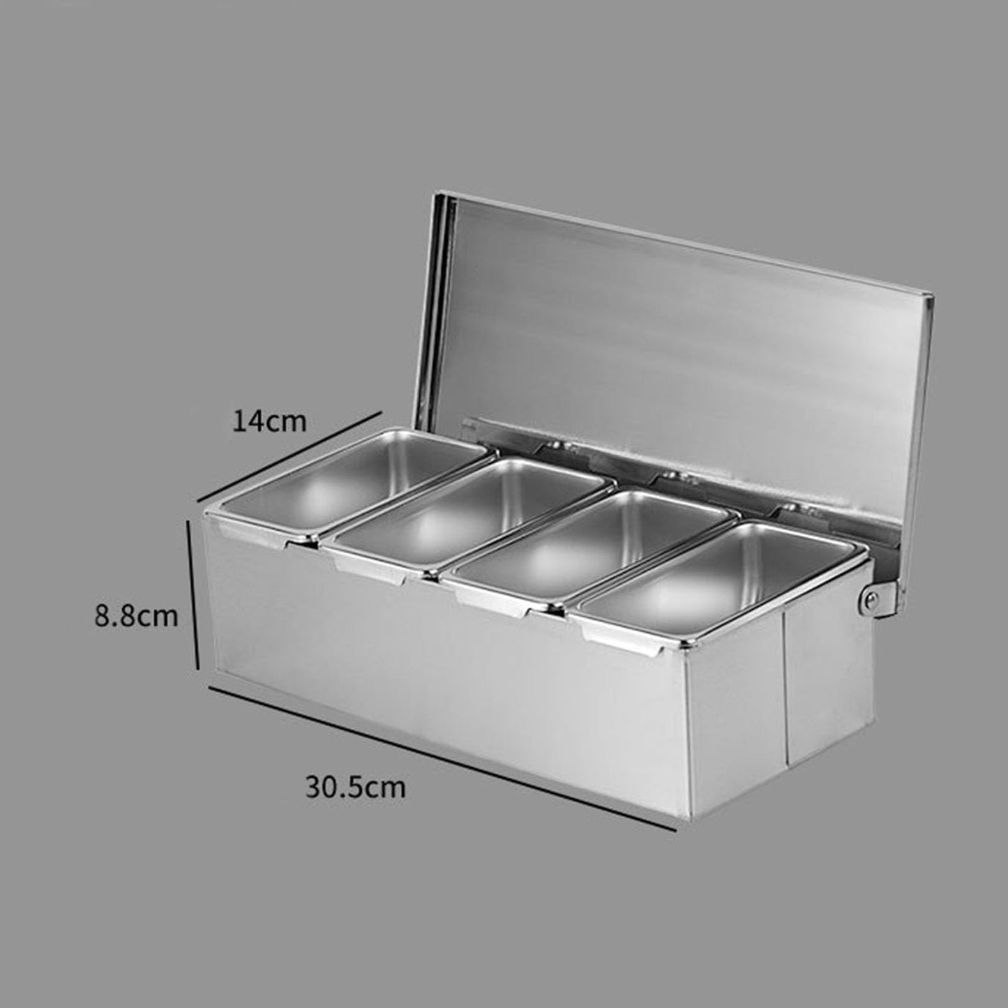 Ejoyous Seasoning Organizer Box, 4 Compartment Trays Stainless Steel Rack Set Large Capacity Storage Seasoning Case for Kitchen Camping Food Cream Parlor 14 x 8.8 x 30.5cm
