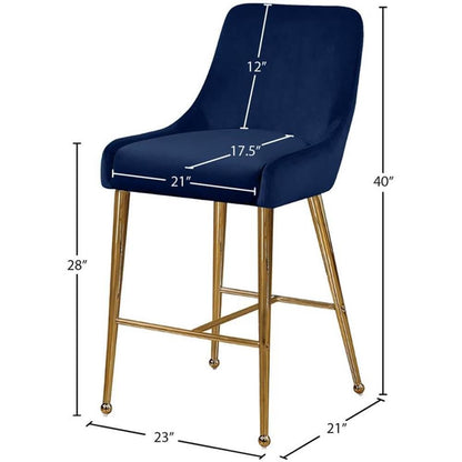 Meridian Furniture Owen Collection Modern | Contemporary Velvet Upholstered Counter Stool with Polished Gold Metal Legs, Set of 2, 23" W x 21" D x 40" H, Navy