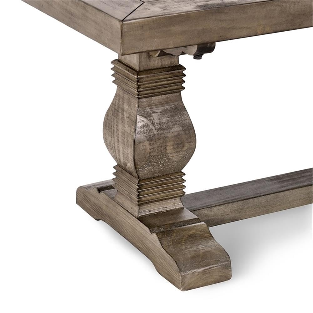 MAKLAINE 66" Transitional Reclaimed Pine Wood Bench, Weathered Brown Finish, Hand-Carved Pedestal Base, Rustic Style Seating for Kitchen or Dining Room, Seats Up to 3