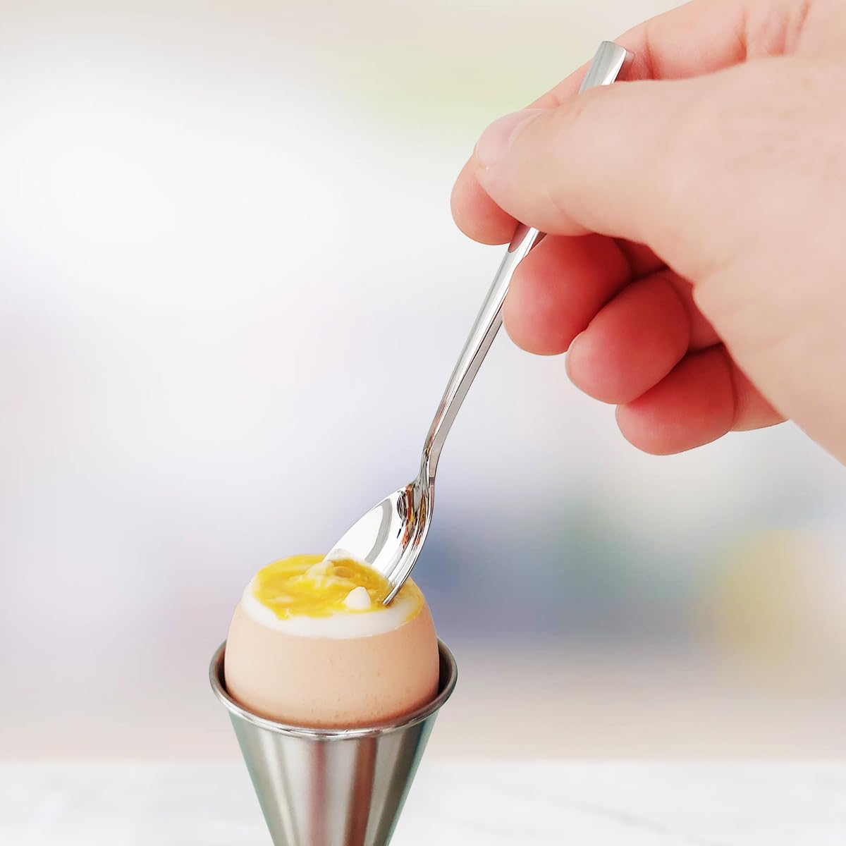 NobleEgg Universal Egg Cups and Spoons for Soft Boiled Eggs, All Chicken Egg Sizes | Stainless Steel | Set for 2