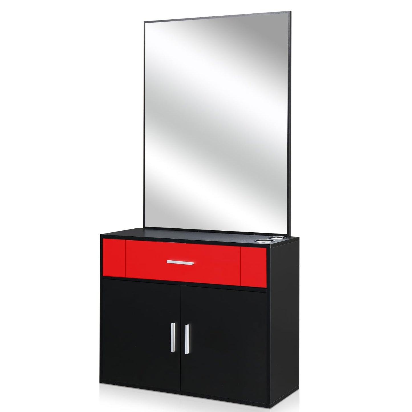 Red Salon Cabinet with Mirror, Professional Hair Styling Station for Home, Makeup Vanity Table Salon Furniture Barber Cabinet Storage Organizer Beauty Salons Equipment