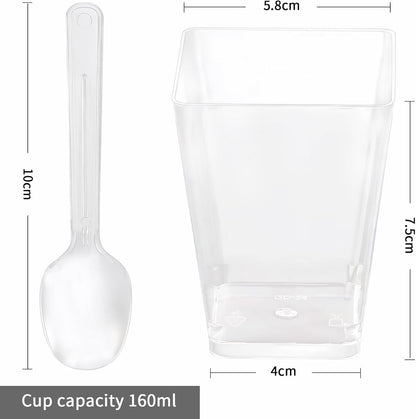 Uxaoxao 50 Pack 5oz Dessert Cups with Spoons, Plastic Yogurt Parfait Cups, Mini Square Dessert Cups with Spoons