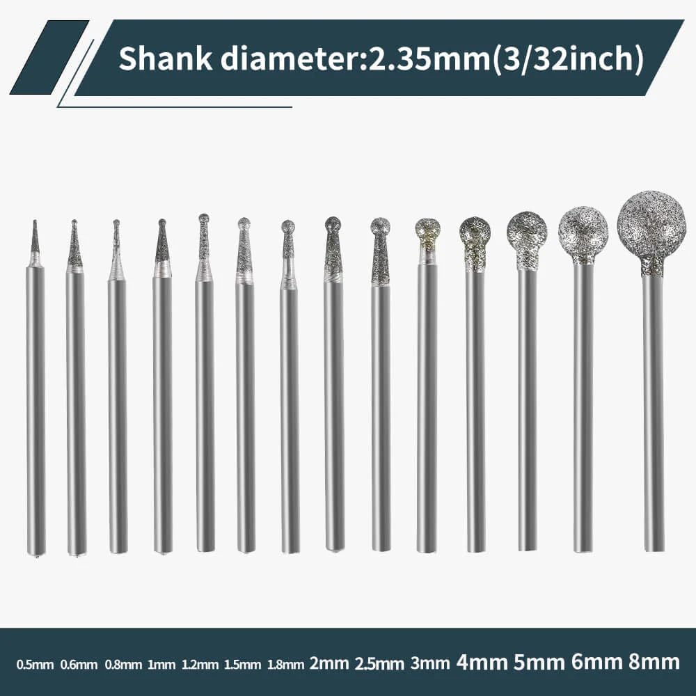 Hanboost 14Pcs Diamond Ball Shape Engraving Burr Set for Rotary Tools S2, 3/32" (2.35mm) Shank Carving Bits for Glass, Jade and Ceramics, Ideal for Jewelry Makers and Model Builders
